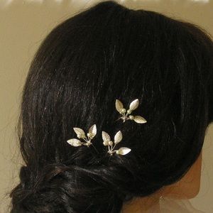 Set of three pearl silver leaf bridal hair pins